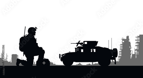 Silhouette Soldier Kneeling Beside Military Vehicle in Destroyed Cityscape