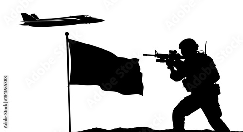 Silhouette Soldier Aims Rifle Near Waving Flag with Fighter Jet Flying Overhead