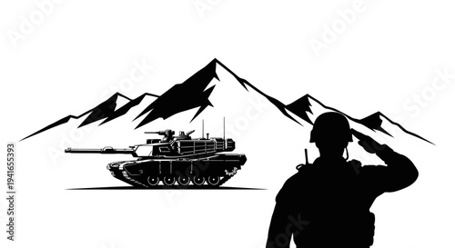 Silhouette Soldier Saluting Beside Tank with Mountain Background