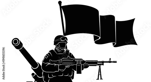 Silhouette Soldier with Machine Gun and Flag, Military Concept
