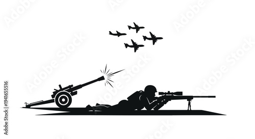Sniper Aims at Airplanes While Artillery Fires, Military Conflict Silhouette