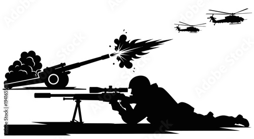 Sniper Aiming, Artillery Firing, Helicopters Flying - Military Combat Scene Silhouette