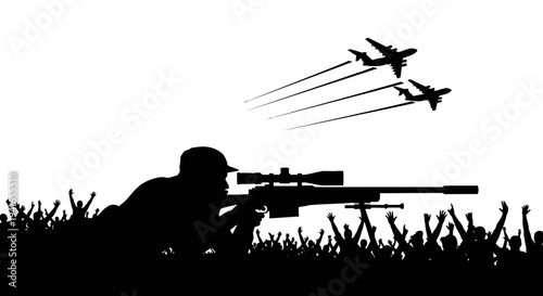 Sniper Aiming at Airplanes Over Crowd Silhouette