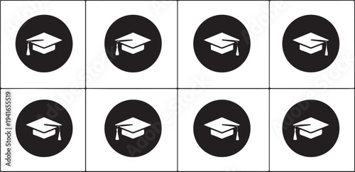 Set of 8 black and white graduation cap vector icons for education, academic achievement, university, and school success designs isolated PNG with Transparent Background