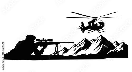 Sniper aiming rifle from prone position with helicopter flying over mountains, military operation concept