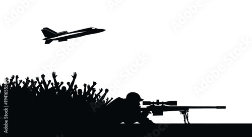 Sniper Aims at Crowd with Fighter Jet Flying Overhead, Silhouette