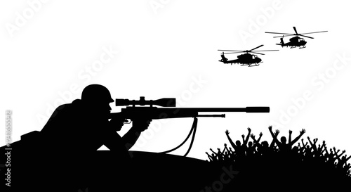Sniper Aiming, Helicopters Flying, Crowd Cheering Silhouette - Military Action Scene