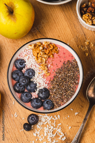 a plate of smoothies with blueberries and chia seeds
