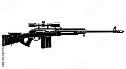 Sniper Rifle with Scope - Black and White Illustration