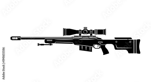 Sniper Rifle Silhouette with Scope and Bipod - Black and White Vector Icon