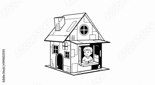 Cheerful boy smiles from inside a charming, stylized house with many windows