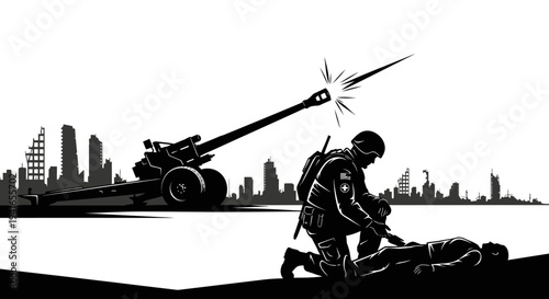 Soldier Aid Wounded Comrade Amidst City Bombardment