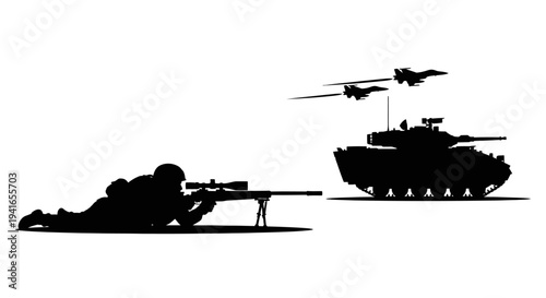 Sniper, Tank, Jets Silhouette: Military Combat and Air Support