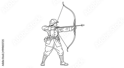 Soldier Aiming Bow and Arrow, Historical Warfare, Archery Combat, Military Training, Vintage Weaponry