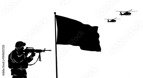 Soldier Aiming Rifle Near Black Flag and Helicopters, Silhouette, Military Action