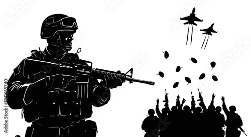 Soldier aiming rifle, fighter jets dropping bombs on crowd, war, conflict, protest, violence