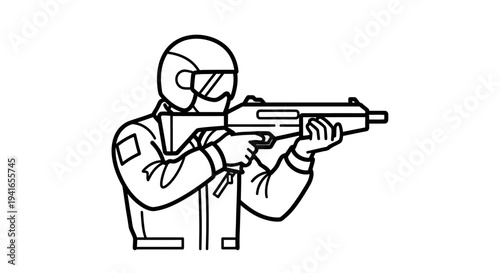Soldier aiming assault rifle, tactical gear, protective helmet, ready for action, military concept