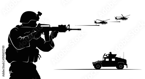 Soldier Aiming Rifle, Helicopters Flying, Humvee Vehicle in Combat Scene
