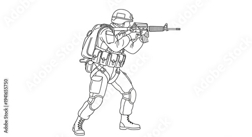 Soldier Aiming Assault Rifle, Military Combat Pose, Tactical Gear, Line Art Illustration
