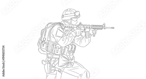 Soldier Aiming Rifle, Military Combat, Tactical Gear, Action Pose, Line Art