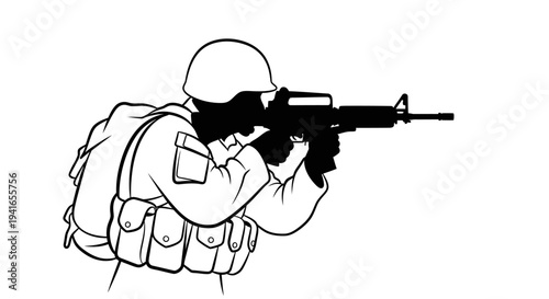 Soldier Aiming Rifle, Military Combat, Tactical Gear, Action Pose, Black and White Illustration
