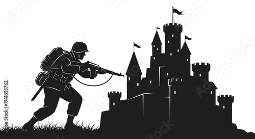 Soldier attacking a medieval castle silhouette, symbolizing war and history