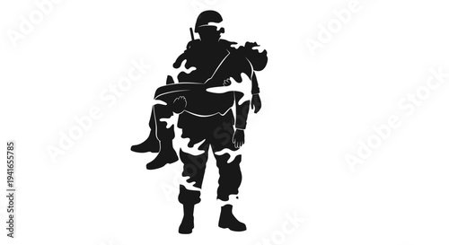 Soldier carrying wounded comrade on shoulder, military rescue, camouflage uniform, silhouette