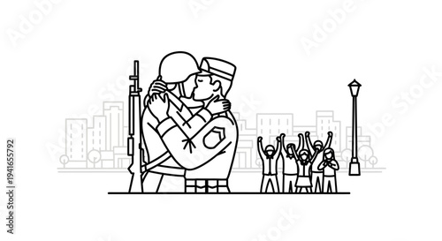 Soldier Couple Kissing Goodbye with Cheering Crowd and Cityscape Background