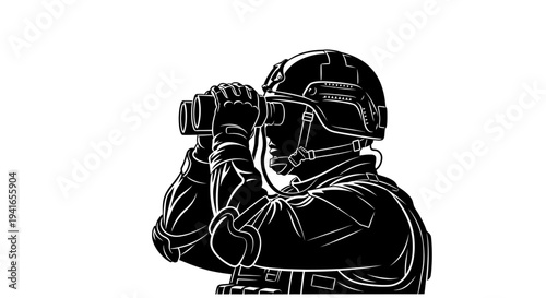 Soldier in tactical gear using binoculars, surveillance, military, observation, focus, strategy, vigilance