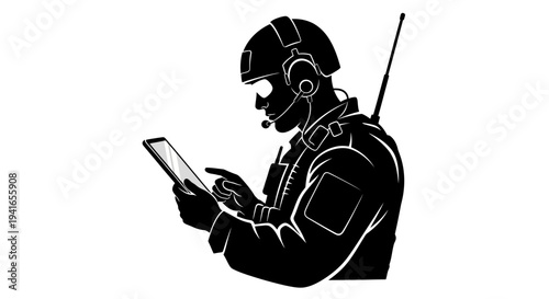 Soldier in tactical gear using tablet computer, military technology, communication, strategy, modern warfare