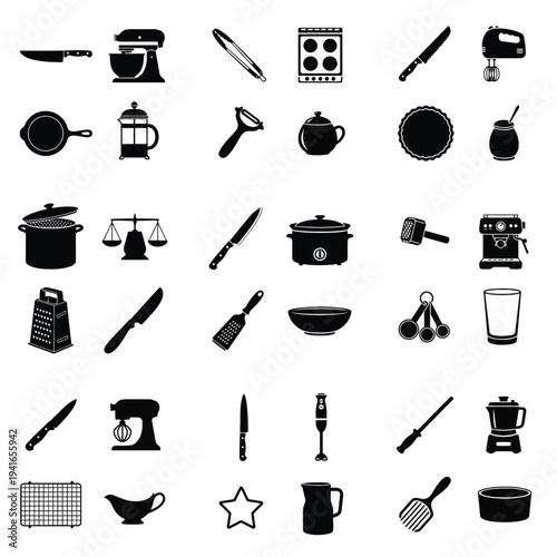 Collection of black silhouette icons of kitchen utensils and appliances.