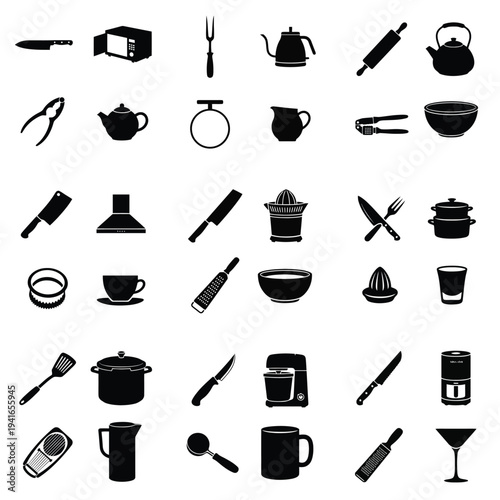 Black silhouette icons of various kitchen utensils and appliances on a white background, representing cooking tools and food preparation equipment.