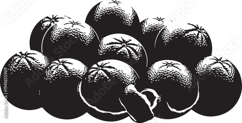 Black and white illustration of a pile of tomatoes
