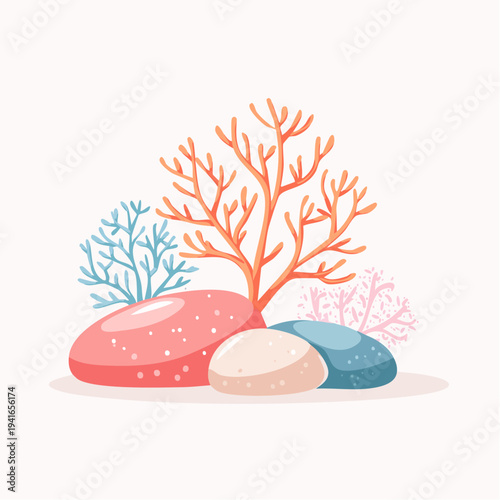 Illustration of large orange rocks with small clouds in the background