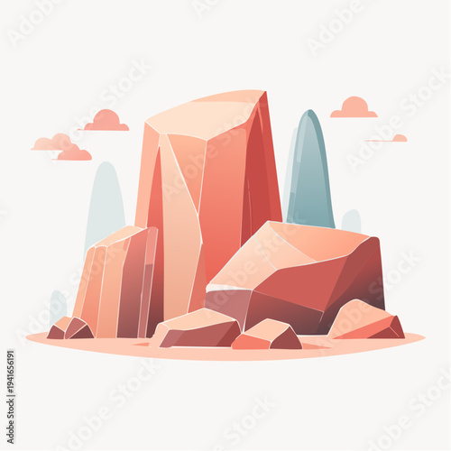 Illustration of large orange rocks with small clouds in the background
