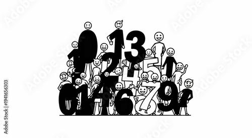 Cheerful stick figures interact with large black and white numbers