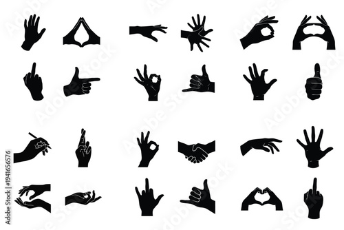 Diverse black silhouette hand gestures set for communication and expression