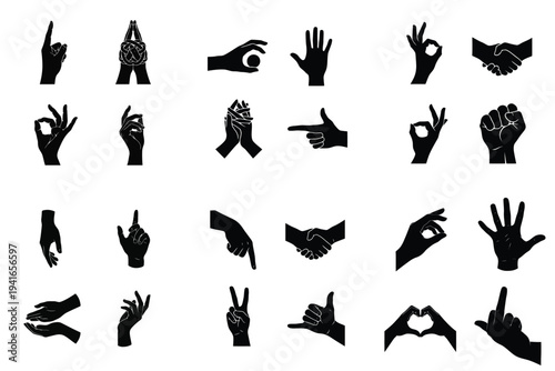 Collection of diverse human hand gestures and communication symbols in black silhouette on a white background, including pointing, OK sign, peace sign, handshake, and various expressions.