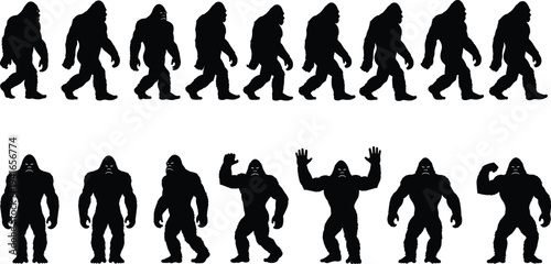 Bigfoot Sasquatch Silhouette Collection with Walking Sequence and Monster Gestures, Mythical Cryptid Creature Vector Illustration Set