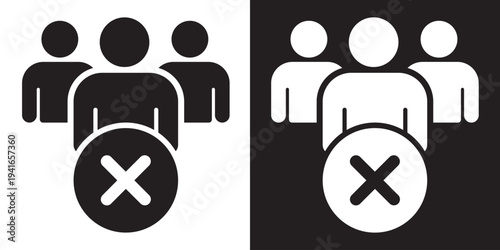Group of people icons with a bold "X" mark. Symbolizes rejected applicants, removing members, cancelling a subscription, or deleting a social group in a digital interface.