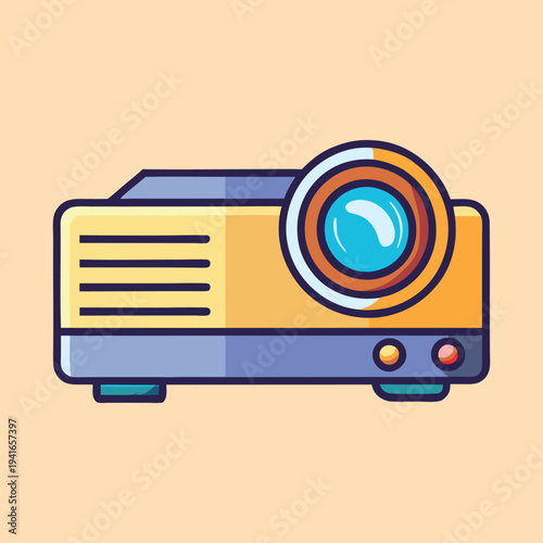Illustration of a yellow and blue digital projector with a lens