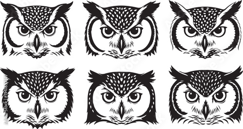 Collection of six unique owl faces in black and white