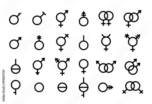 Male, female, transgender, gay, bisexual and other orientation signs. Vector gender symbols. Set outline black icons isolated on white background. Simple illustration. Sexual concept.