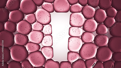 3d Render of pink cosmetic bubbles forming a shape of cosmetic cream tube, useful for cosmetic and beauty products with copy space in the center