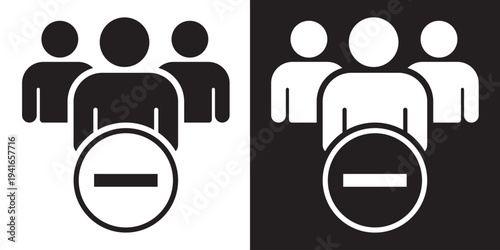 User group silhouette with a minus symbol. Represents staff reduction, removing users from a list, decreasing group size, or unsubscribing from a team channel.