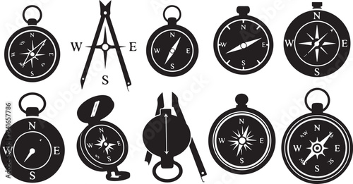 Navigation tools and compasses in black and white illustration