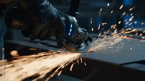 Industrial Worker Grinding Metal with Angle Grinder.