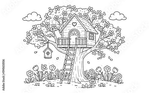 Charming hand-drawn treehouse with blooming flowers and a birdhouse, perfect for coloring