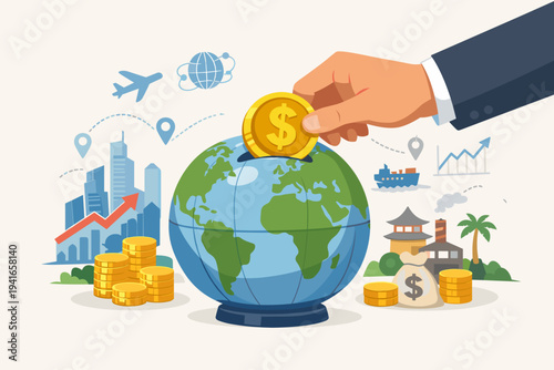 International economy and global investment concept with a hand putting a gold coin into a globe piggy bank, featuring icons for trade, finance, industry, shipping, and worldwide market growth.