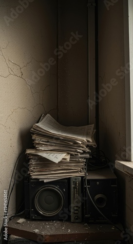A cluttered, dusty corner of a neglected small room featuring old electronics and stacks of disorganized documents suggesting long-term failure and isolation ,disorganization ,debris ,unkempt